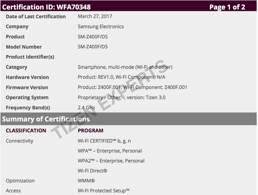 Samsung Z4 certificare