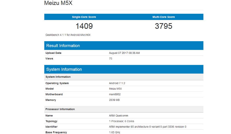 Meizu M5X specificatii GeekBench