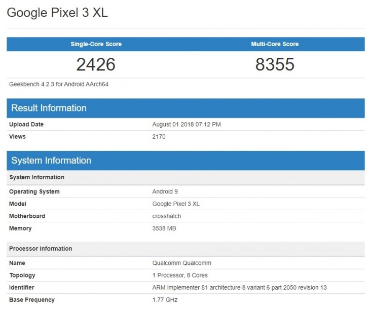 Specificatii tehnice Google Pixel 3 XL
